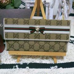 美品!GUCCI長財布 GGキャンバス 2つ折 Wホックリボンシェリーライン 