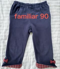 familiar ロングパンツ 90cm ネイビー 赤チェック　リボン 折り返しのサムネイル