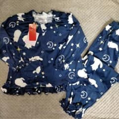 長袖 パジャマ 110cm ネイビー 猫と星月柄 起毛 女の子