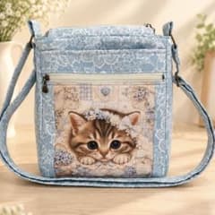 花冠の猫ちゃん　花柄　ショルダーバッグ　ネコ　底板付き　肉球チャーム付きのサムネイル