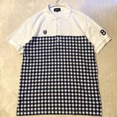 パーリーゲイツブロックチェックポロシャツ【5】綿 日本製 ゴルフウェア ワッペン 美品】パーリーゲイツ チェック柄 ロゴ ワッペン ポロシャツ ゴルフ