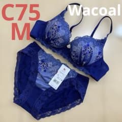 【匿名配送】Wacoal ブラジャー ショーツC75 L 新品 Wacoal ワコール ネイビー刺繍ブラジャーショーツセット C75 M