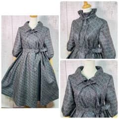 正絹幾何学文様染大島紬♪2way襟ふんわり袖テントラインワンピースM