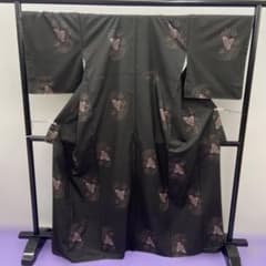BY7504 未使用品 蝶々 黒 ローズ 紬 着物 正絹 おしゃれ - メルカリ