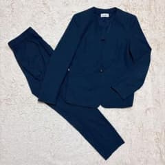 希少】プラステ ノーカラー ネイビー パンツスーツ リネン混 洗える