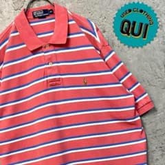 90s USA古着○ポロラルフローレン ボーダーポロシャツ ピンク メンズ2XLのサムネイル
