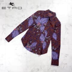 美品 ETRO 大判花柄 長袖シャツ 総柄 ストレッチ 紫 茶色40*HD571 