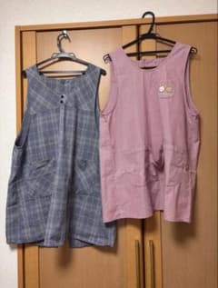 グレーのチェック柄うさぎくまピンクエプロン保育士エプロンのサムネイル