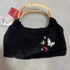 和装用バッグ 黒 蝶の刺繍 竹製ハンドルのサムネイル
