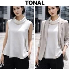 新品 TONAL 1.2万 機能性 ハイネック ノースリーブ トップ 洗える 白 
