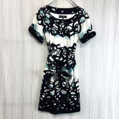 【美品】ボディドレッシングデラックス 総柄ワンピース 38 M 紺×水色 リボン