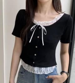 GRL レースレイヤード風リブトップス　リボン付き 半袖Tシャツ ブラックのサムネイル