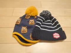 キッズ ニット帽 2点セット フクロウ柄 ボーダー ポンポン付きのサムネイル
