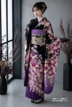 美品 正絹 振袖3点セット 桜菊文様 黒地紫ぼかし 裄69 高身長 成人式
