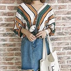 ノーカラー ストライプ ライン シャツ グリーン イエローのサムネイル