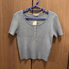 GU リブヘンリーネックセーター 半袖 ブルー XLのサムネイル