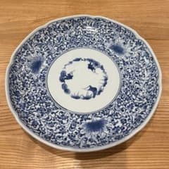 高級美術銘陶】献上龍峰窯 染付 古伊万里唐草 輪花大皿（直径32cm・深