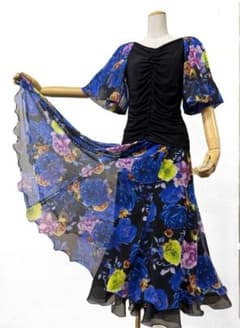 華麗】新品 社交ダンス セットアップ ツーピース 花柄 黒 青m635