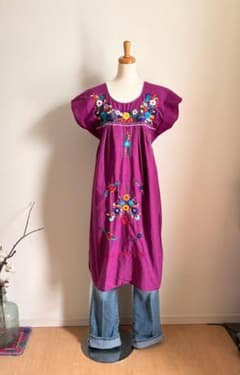 メキシカンヴィンテージ手刺繍紫ワンピ/メキシコ/民族衣装/民芸/サン