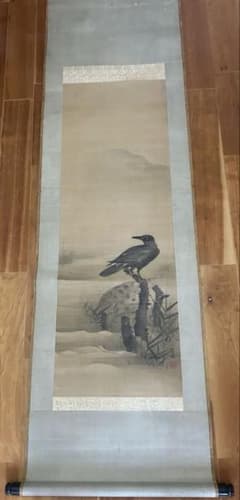 Japanese painting, ink painting, crow, silk scroll, antique art piece