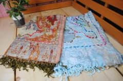 ア587　[2点セット]大判ストール/アジアン柄/ブルー・ブラウン/刺繍のサムネイル