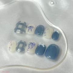 【C0024】ネイルチップ ブルー ホワイト リボン チェック かわいい うる艶のサムネイル