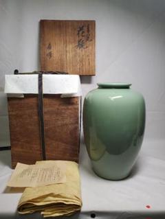 長期保管品　青磁　花瓶　蘇峰　共桐箱　栞　黄布付　高さ約28㎝　М⑨ 長期保管品 青磁 花瓶 蘇峰 共桐箱 栞 黄布付 高さ約28㎝ М⑨