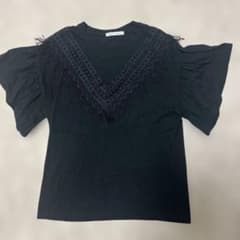 alphabet's alphabet ブラック フリンジ フリル袖 Tシャツ