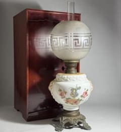 ◆希少 置きランプ 雷文擦り硝子火屋 ガラス絵乳白硝子オイル壺 明治時代◆ ◇希少 置きランプ 雷文擦り硝子火屋 ガラス絵乳白硝子オイル壺