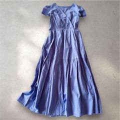 N コットン カシュクール ロングワンピース 半袖 ティアード フレア ブルー
