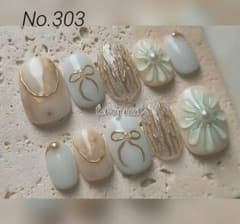 ネイルチップ　くすみミント フラワー リボン　ニュアンス うるつや 上品のサムネイル