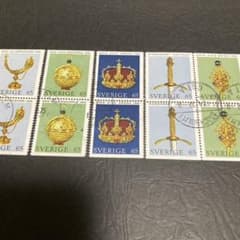 Postmarked Swedish stamps, art and treasure designs, complete set of 5 types (10 stamps total).