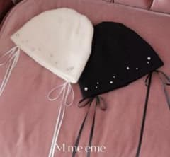 M me eme パール装飾ニット帽 ホワイト ♡のサムネイル