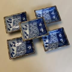40年前の美品】瀬戸焼 錦山窯 染付 長角小皿 5枚セット手描き 8.6cm