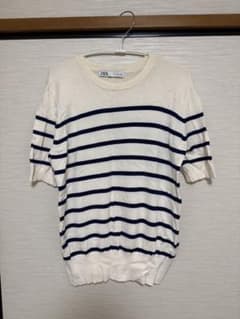ZARA ボーダー半袖ニット ホワイト×ネイビー Lのサムネイル