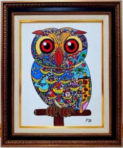 F6号】ジミー大西【フクロウ】手描き/表裏サイン有/油彩/アクリル/絵画