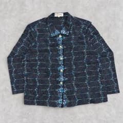 ELLE DOLL 花柄刺繍 総柄 長袖シャツ ブラウス LL ネイビー レトロ