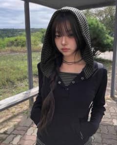 ボーダーフード付き 長袖カットソー ブラックのサムネイル