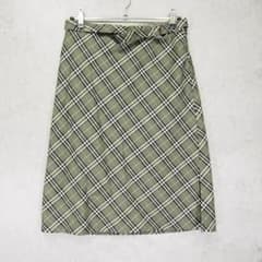 ★BURBERRY GOLF★S★黄緑スカート★チェック★新品タグ★30450円 ☆バーバリーブルーレーベル ノバチェック柄膝丈ウール台形スリット