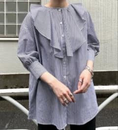 CIAOPANIC ビッグフリルカラー六分袖デザインブラウス ストライプのサムネイル