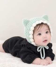 ハンドメイド 猫耳ボンネット フリル かぎ編み ハロウィン ベビーボンネットのサムネイル