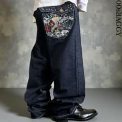 美品00s NEVARAN リジッド ヘビーオンス バギーデニム 豪華刺繍 B系