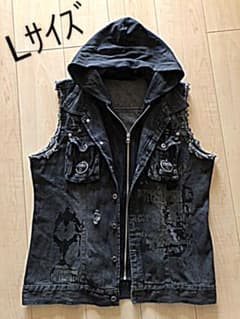 intheattic✰ダメージ加工 ブラックデニムベスト フード付き Lサイズのサムネイル