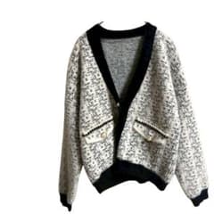 Feather knit tweed long-sleeved cardigan for dates, with pearl accents.