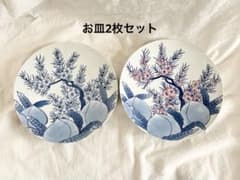 [신품 미사용] 파란색과 흰색 꽃 무늬 도자기 접시 2 장 세트