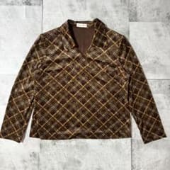 Avec le temps 総柄 トップス ブラウン 格子柄 肩パッド 日本製のサムネイル