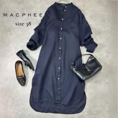 【MACPHEE】リネン シャツワンピース ネイビー 38 M相当 きれいめ通勤 MACPHEE】リネン シャツワンピース ネイビー 38 M相当 きれいめ通勤