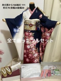 白地に紺、えんじ 正絹振袖 全て揃ったフルセット 身長156-166の方 裄