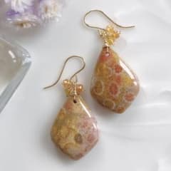 一点物✧レア✧ピンクフォッシルコーラル×オレンジサファイアピアス
