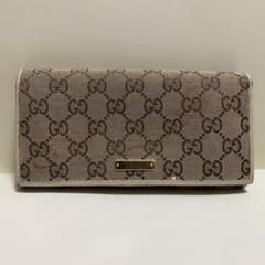 GUCCI グッチ 長財布 GGキャンバス ベージュ ブラウン メタルプレート 